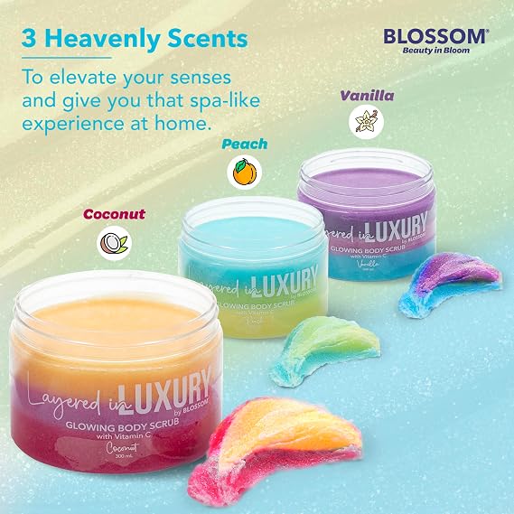Blossom Layered in Luxury Glowing Scented Lather Foaming Body Sugar Scrub Exfoliating Polish with Skin Brightening Vitamin C, Cruelty Free, 300ml, Peach