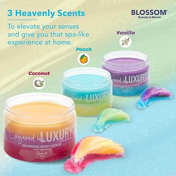 Blossom Layered in Luxury Glowing Scented Lather Foaming Body Sugar Scrub Exfoliating Polish with Skin Brightening Vitamin C, Cruelty Free, 300ml, Peach