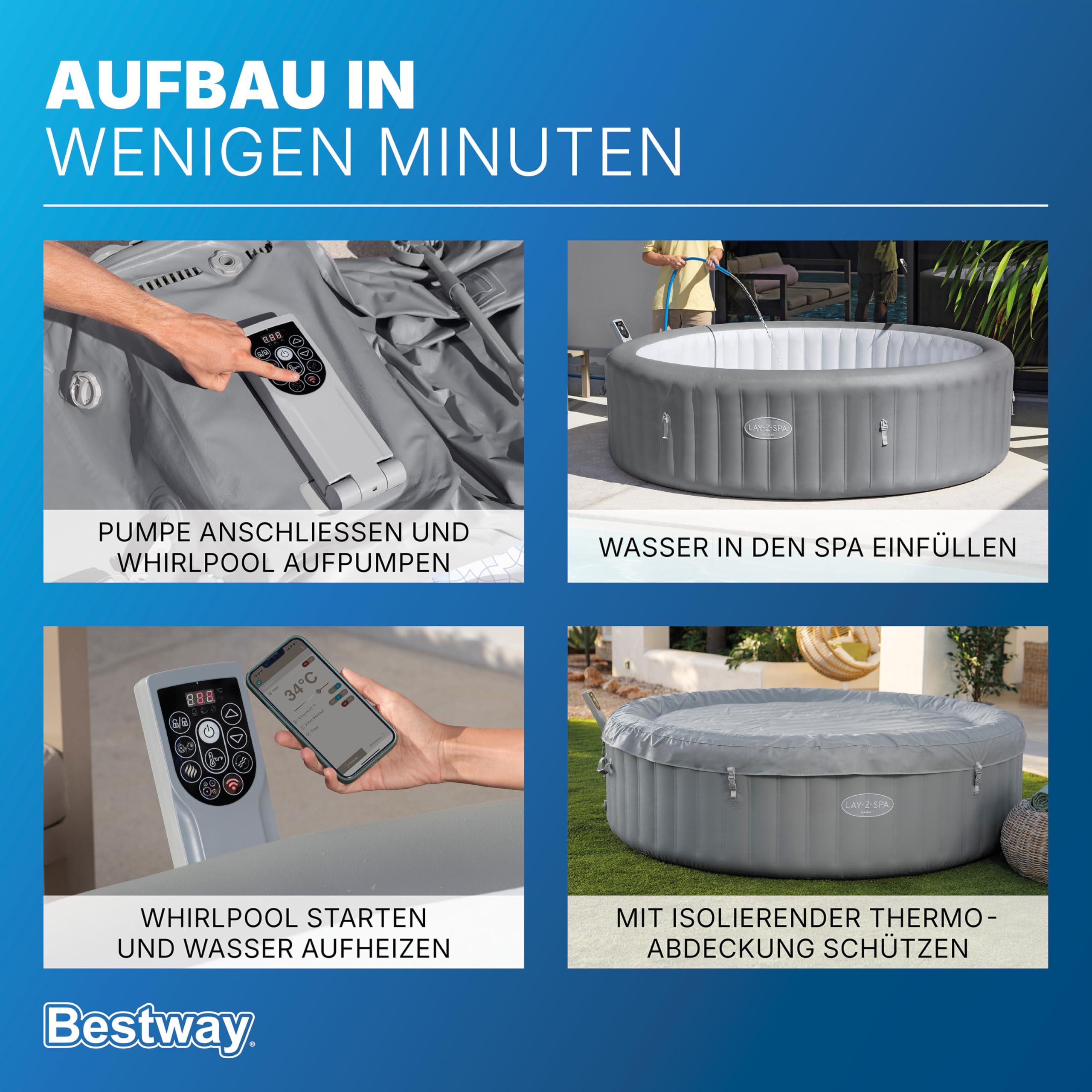 Bestway Lay-Z-Spa Hawaii AirJet Whirlpool Ø236 x 71 cm – Aufblasbarer Outdoor Jacuzzi für 8 Personen, 190 AirJet Düsen, EnergySense Dämmung, App-Steuerung, Heizung 40 °C, Frostwächter, TriTech PVC