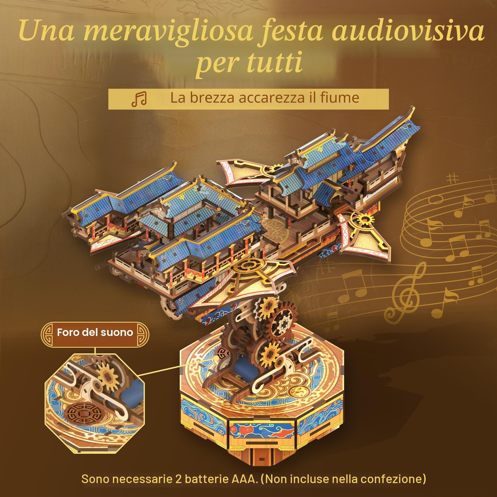 Tonecheer Puzzle in Legno per Adulti, Kit Modello Nave in Stile Cinese, Yacht Meccanica Puzzle 3D in Legno con Ingranaggi e Musica, Regalo(Viaggiatore del Vento)