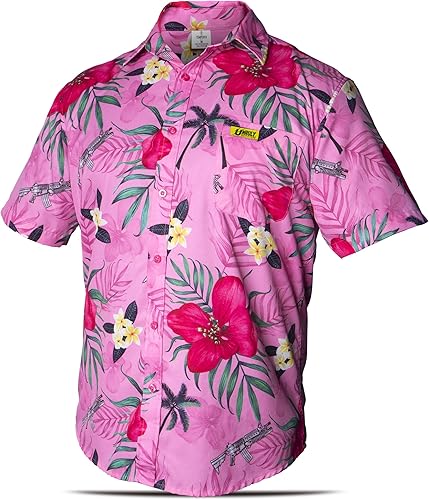 Unruly Outfitters - Camisa hawaiana novedosa para hombre, rifles M4 y flores para el trabajo, fiesta, barbacoa