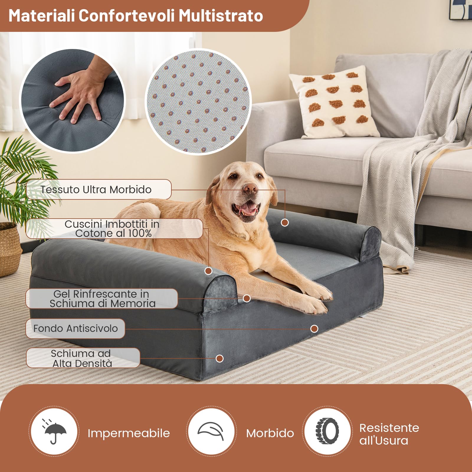 COSTWAY Letto Ortopedico per Cani, Cuccia per Animali in Schiuma di Memoria con Poggiatesta, Copertura Rimovibile e Fondo Antiscivolo per Cani Anziani, 102 x 82 x 30,5 cm
