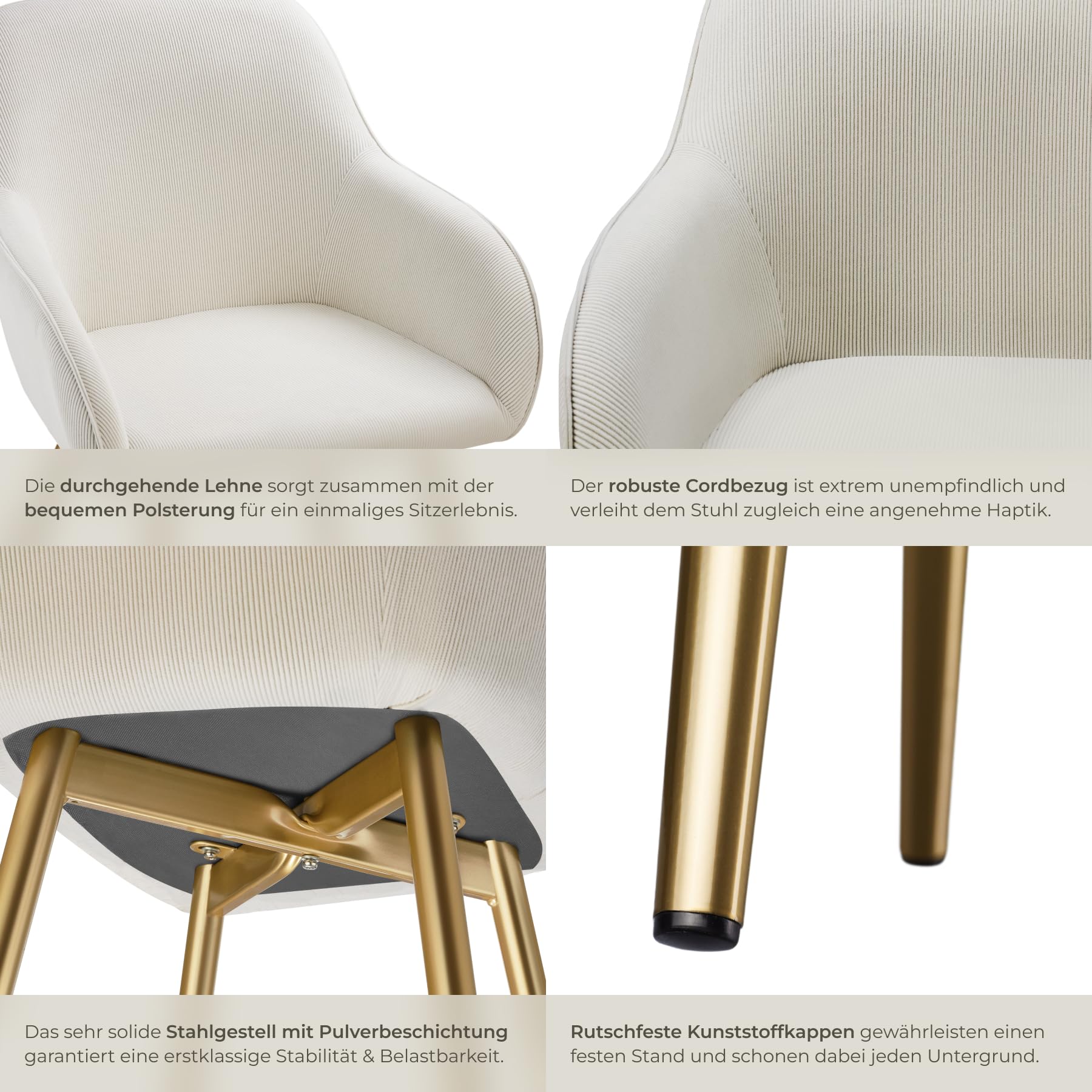 tectake® Esszimmerstuhl, Sessel bequem mit Armlehne, Polsterstuhl, Cord Cocktailsessel, Loungesessel für Wohnzimmer, Esszimmer, Moderne Küchenstühle, Bürostuhl - Creme/Gold