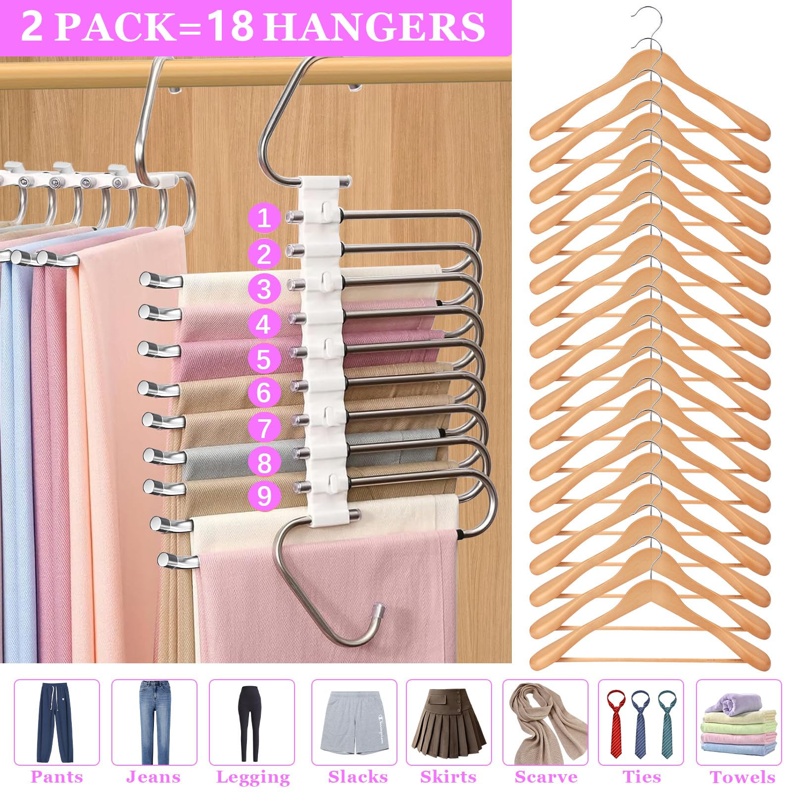 Grucce Pantaloni 9 In 1 Salvaspazio - Appendini Multifunzione Per Armadio Con Ganci Girevoli - Foto 8