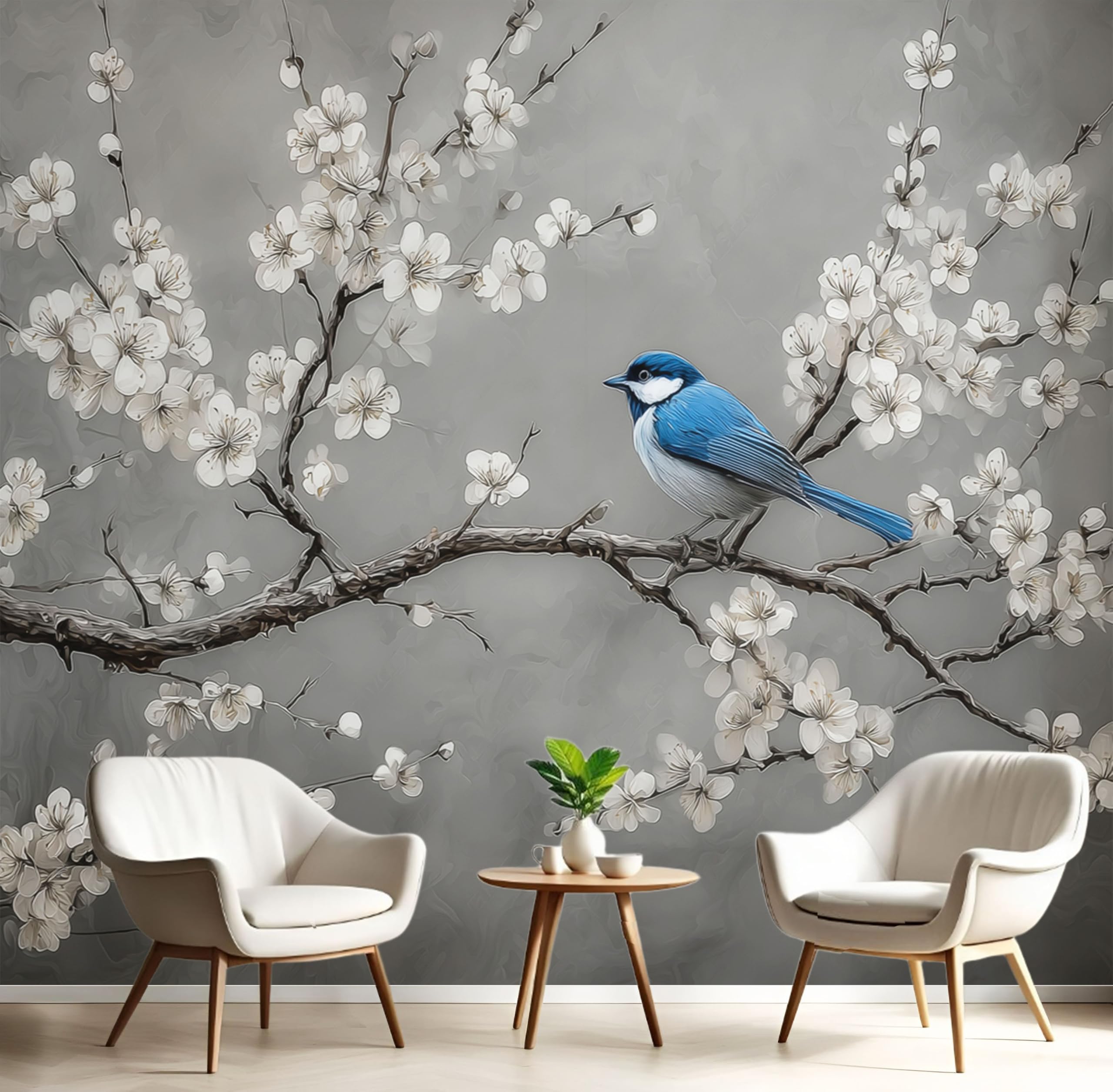 Papier peint panoramique fleurs de prunier pour salon et chambre gris anthracite 3D