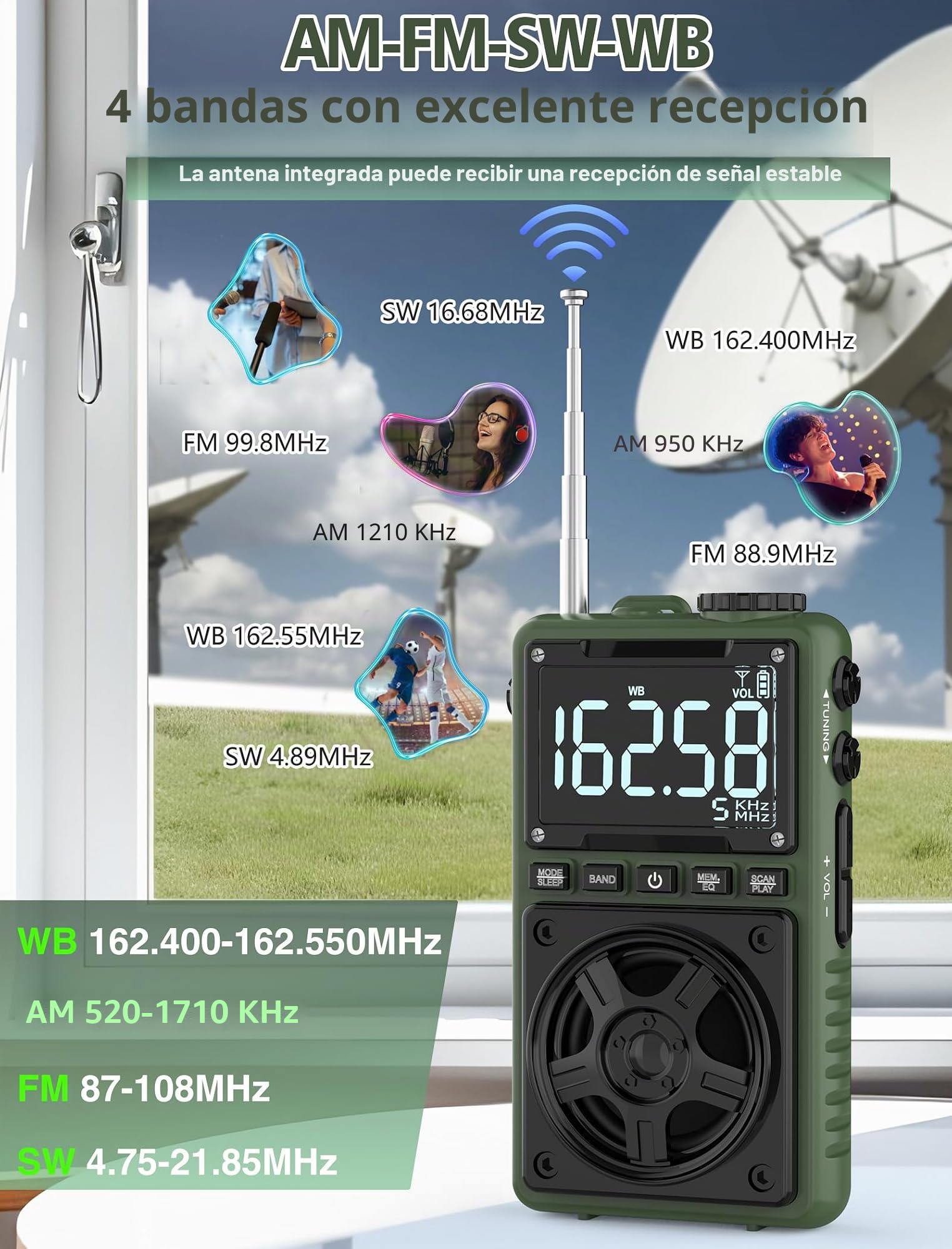 Radio Bluetooth AM FM NOAA portátil recargable 1250 mAh con recepción excelente, altavoz 5 W, sintonizador digital y auriculares