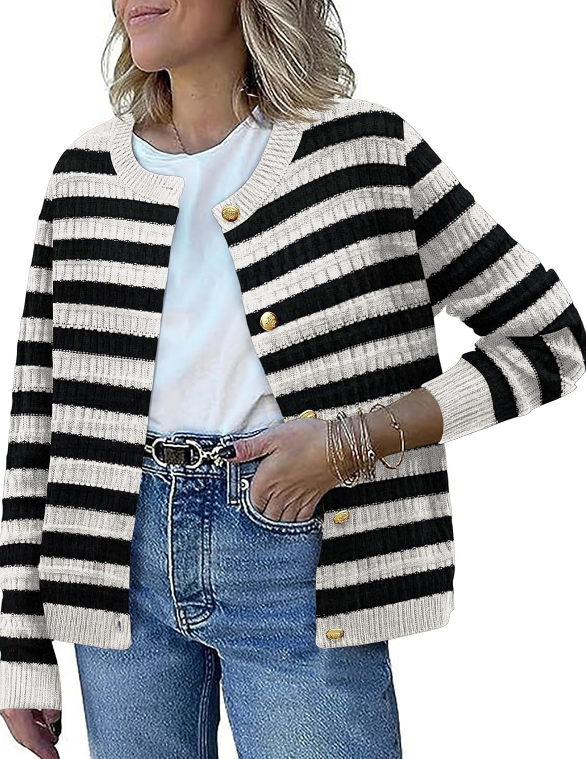 Zeagoo Women's 2025 Cardigan Sweaters Button Down Crew Neck Open Front Long Sleeve Knit Cropped Jackets