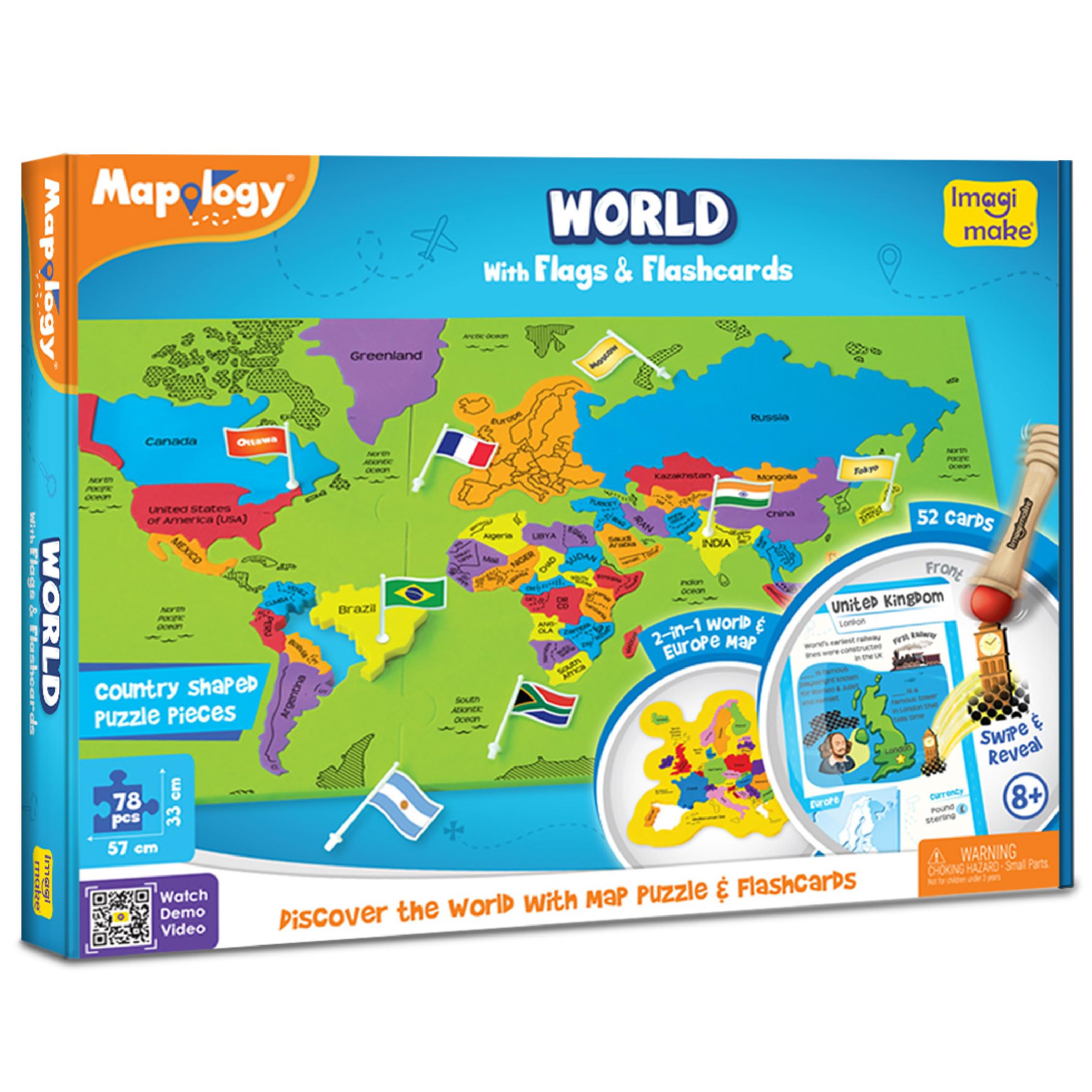 Imagimake Mapology World Map Puzzle for Kids with Flags & Flashcards | 78 Country-Shaped Pieces + 52 Swipe & Reveal Cards | Educational Geography Toy | Gift for Boys & Girls Age 8-12 Years-image-7