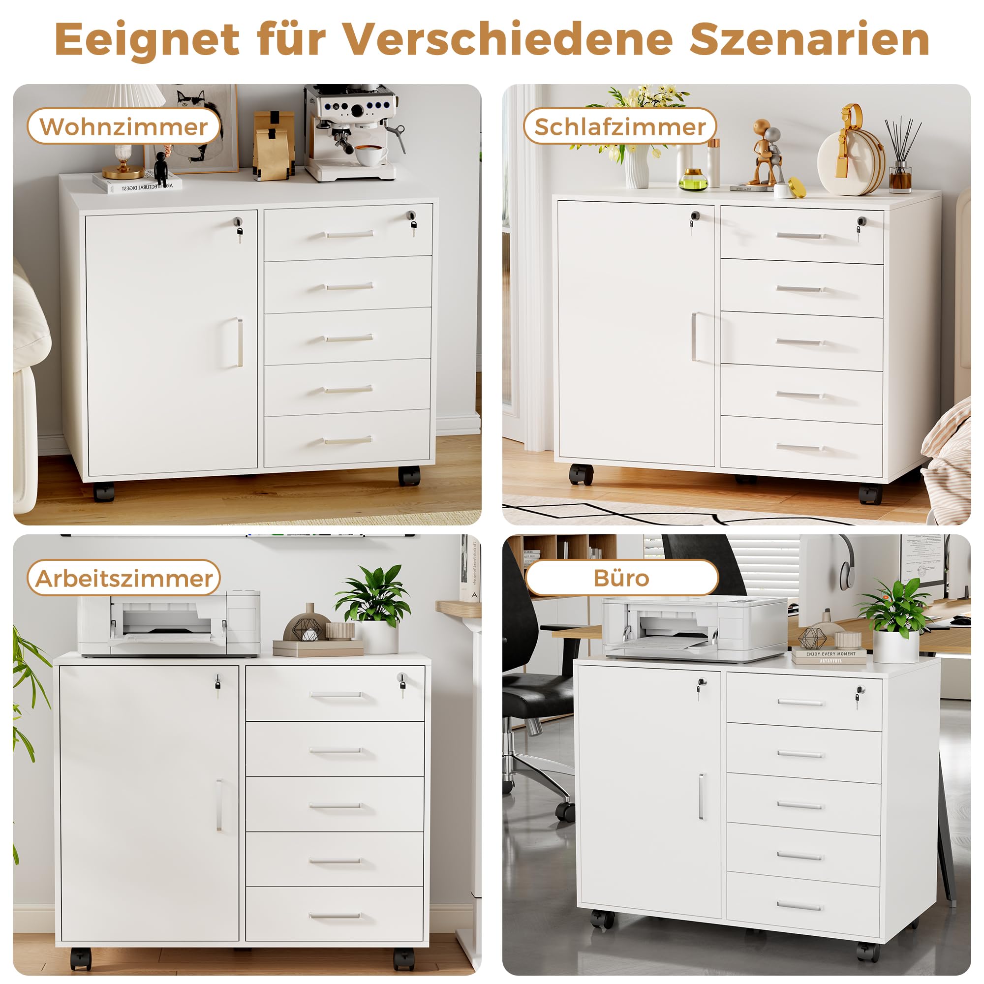 BEWISHOME Rollcontainer Schreibtisch mit 5 Schubladen Weiß | 78x40x65,5cm, Aktenschrank Abschließbar mit 5 Rollen,1 Schrankfach Abschließbarer Büro Schrank mit Verstellbaren Einlegeböden