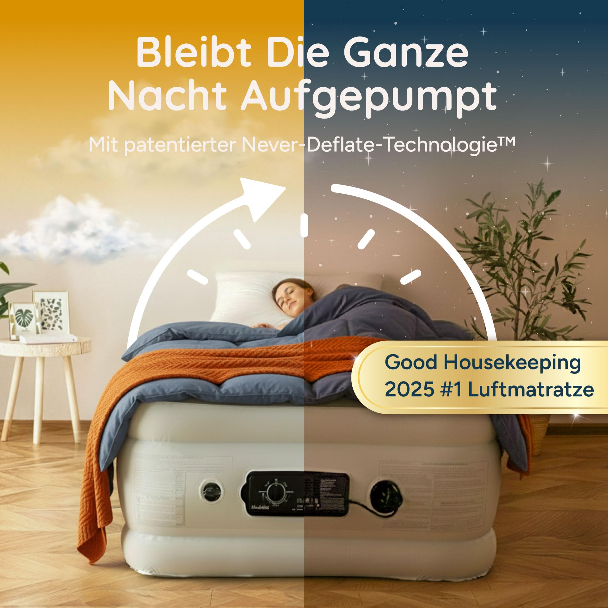 Huddle Never Deflate™ Luxus-Einzel-Luftbett, preisgekrönter Good Housekeeping 2025 Gewinner, Dual Pump SlumberGuard™ Technik, verstellbare Festigkeit, integrierte Pumpe & USB-Nachtlicht