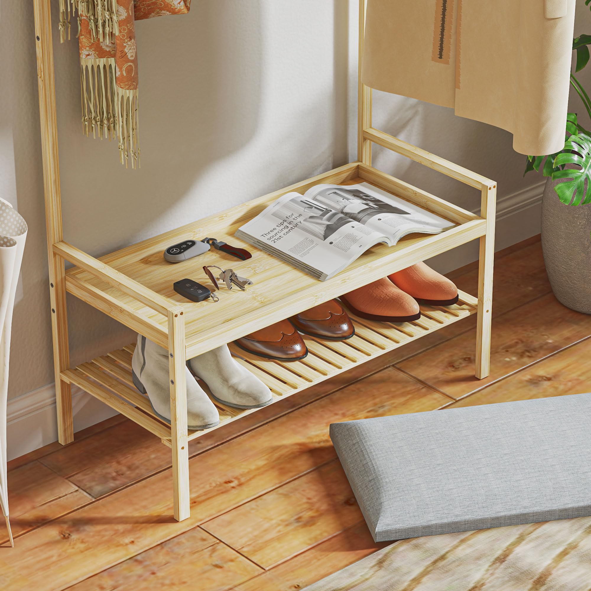 HOMCOM Porte-manteau avec étagère à chaussures en bambou, meuble d'entrée avec banc,10 crochets, tringle à vêtements, coussin rembourré, vestiaire pour entrée, couloir, salon, 73,5x34x171 cm, naturel