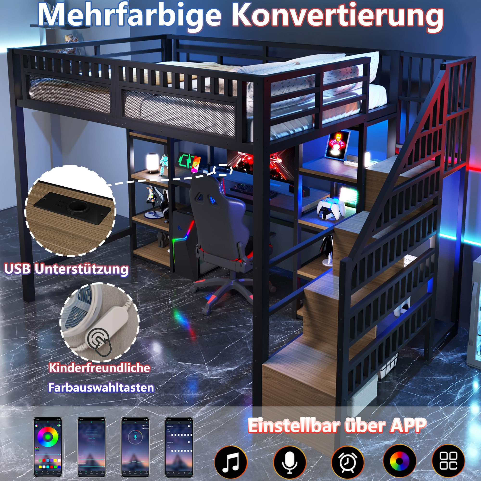 Dolamaní Hochbett 140 x 200 cm Metalbett mit Schreibtisch und Treppe, Bett 140x200 mit stauraum, LED-Lichtleiste & USB-Anschluss, Metalbett Jugendbett Kinderbett, ohne Matratze (schwarz B)