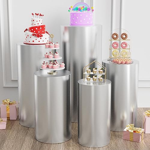 Juego de 5 fundas de elastano para pedestal cilíndrico, cubiertas plateadas, cubierta de tela elástica bronceadora para accesorios de boda, fiesta,