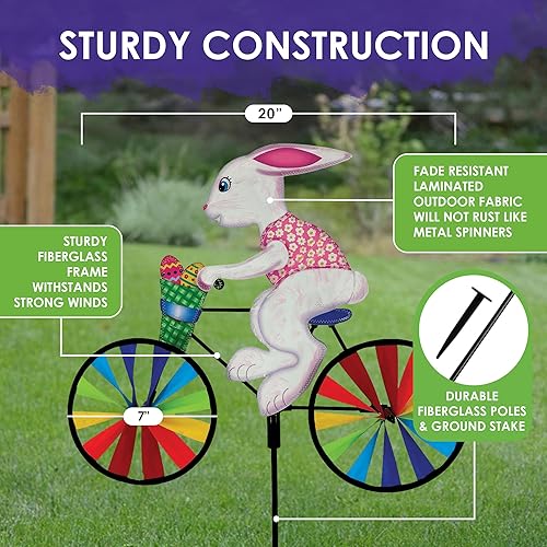 Miniatura 3 de Molinillo de bicicleta de conejo de Pascua de 20 pulgadas, diseño de conejo primaveral, decoración exterior resistente a la intemperie, duradero y