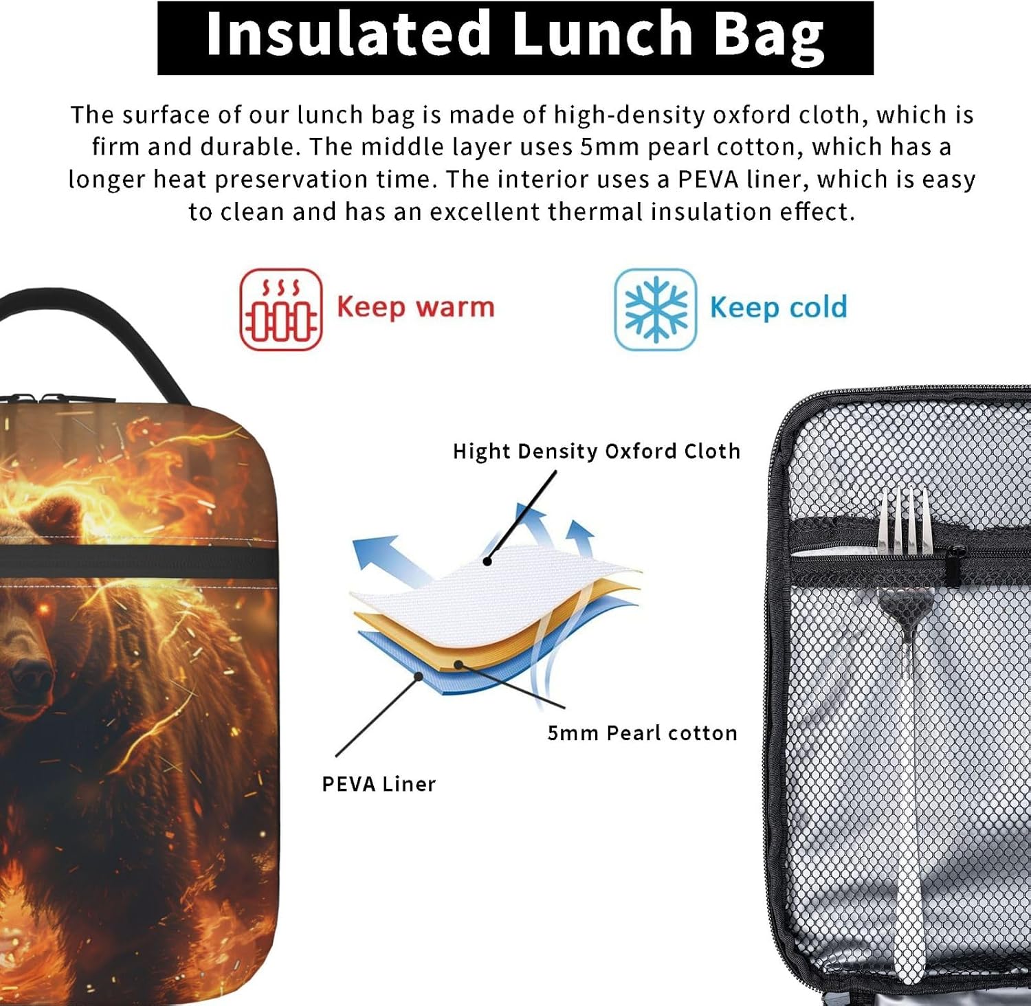 Fierce Bear Insulated Lunch Box for Men Wildlife Lovers,Polyester Reusable Cooler Lunchbox Gifts,Enchanted Animal Fire Leakproof Lunchbag for Work,Picnic,Travel,Hiking,Fishing