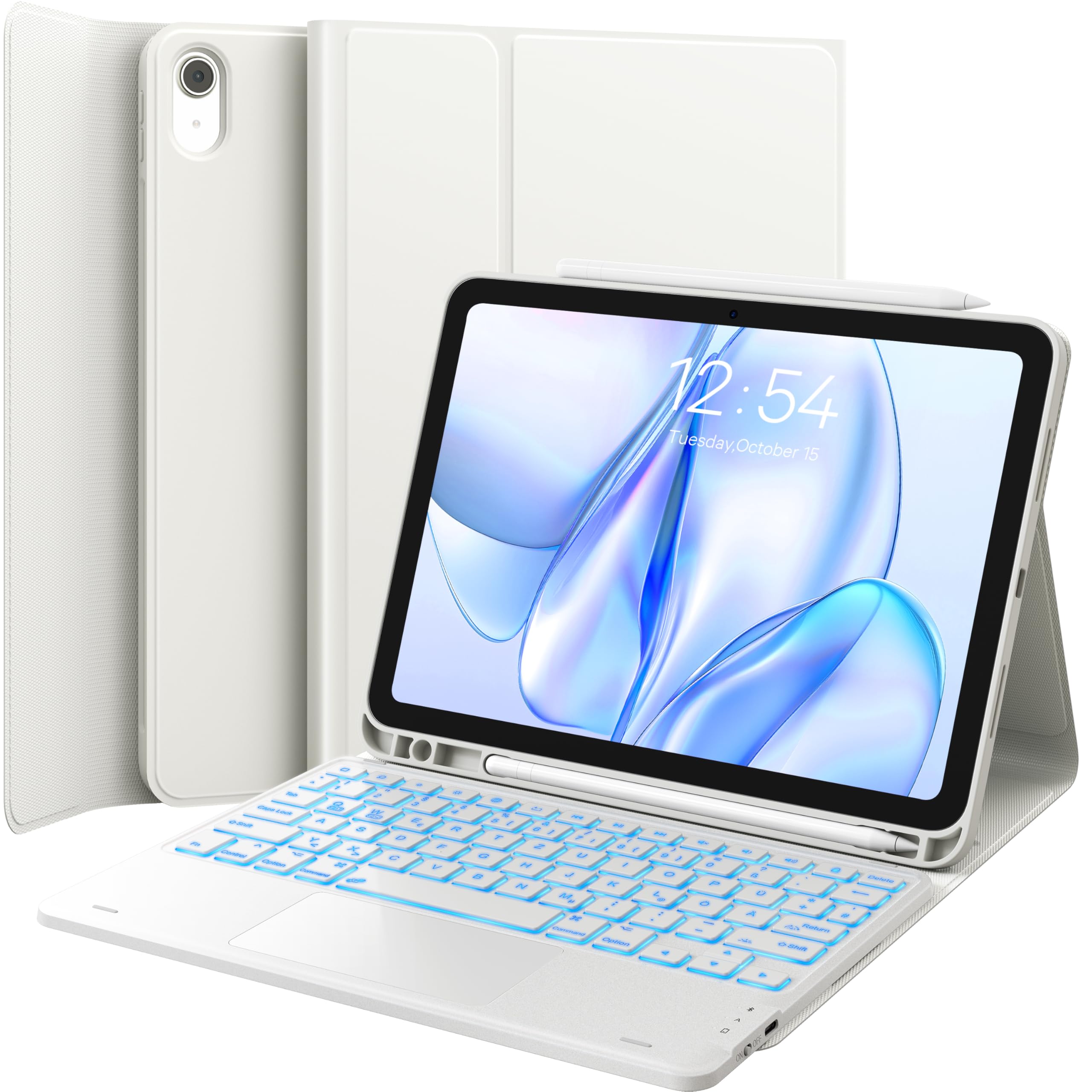 CHESONA Hülle mit Tastatur für iPad 10 Generation/11 Generation A16 2025, 7 Farben Beleuchtung, Multi Touch Trackpad, 2 Bluetooth Kanäle für Neu iPad 10. Gen 2022/2025 11", Weiß