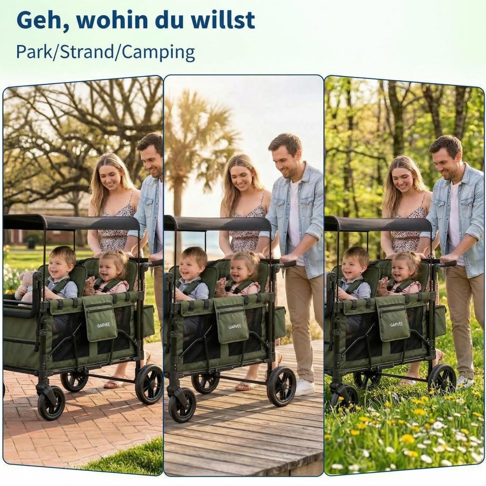 Bollerwagen faltbar mit 4 Sitze,Premium Bollerwagen für 4 Kinder mit Dach Kinderwagen Handwagen mit 5-Punkt-Gurt,Snack Tablett,Sonnenschutzdach,geländegängigen PU-Rädern