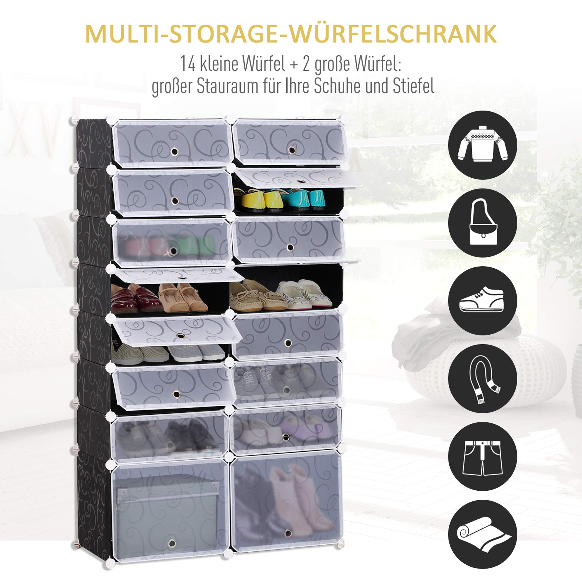 HOMCOM Schuhboxen 16er Set Schuhkarton stapelbar Schuhorganizer Schuhaufbewahrung Aufbewahrungsboxen Regalsystem mit Tür, Schwarz + Weiß