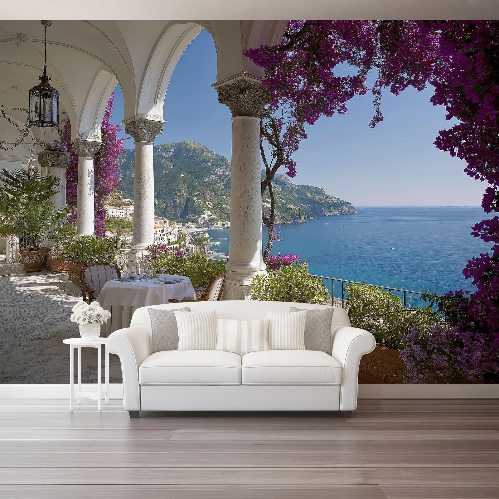 Papier peint panoramique mer avec fleurs pour un salon lumineux effet terrasse