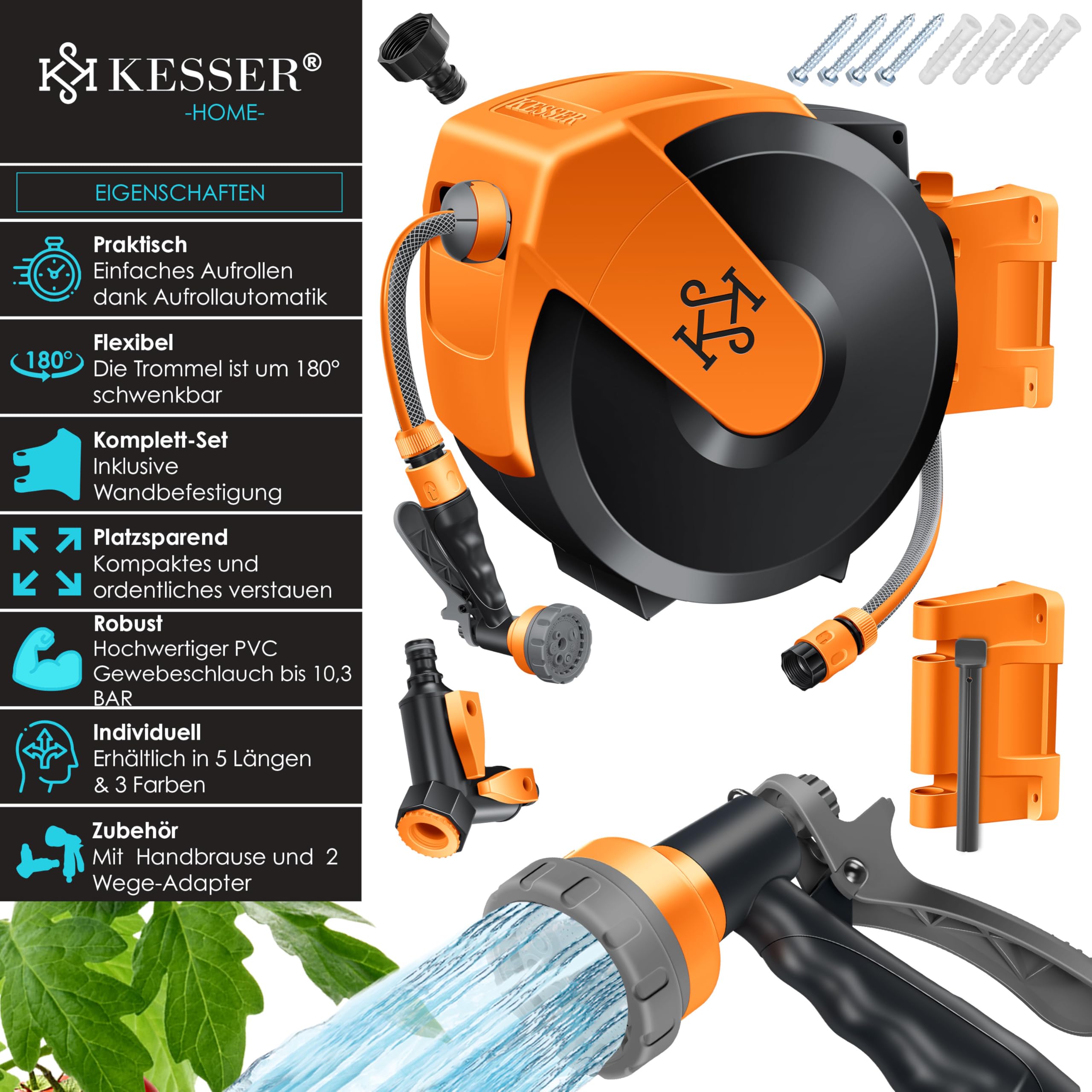 KESSER® Schlauchtrommel mit Gartenschlauch 35m | Wasserschlauchtrommel zur Wandmontage | Wandhalterung | 180° schwenkbar & automatische Aufrollung | Wand-Schlauchbox inkl. 7-Funktionen Handbrause