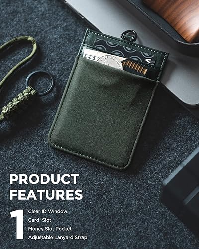 Miniatura 2 de VULKIT Soporte para tarjetas de identificación con cordón para mujeres y hombres, soporte vertical de cuero con ranura transparente para tarjeta de