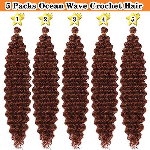 Miniatura 5 de Ginger - Cabello trenzado de onda profunda de 18 pulgadas, cabello de ganchillo ondulado oceánico, 350 colores, 5 paquetes de cabello rizado