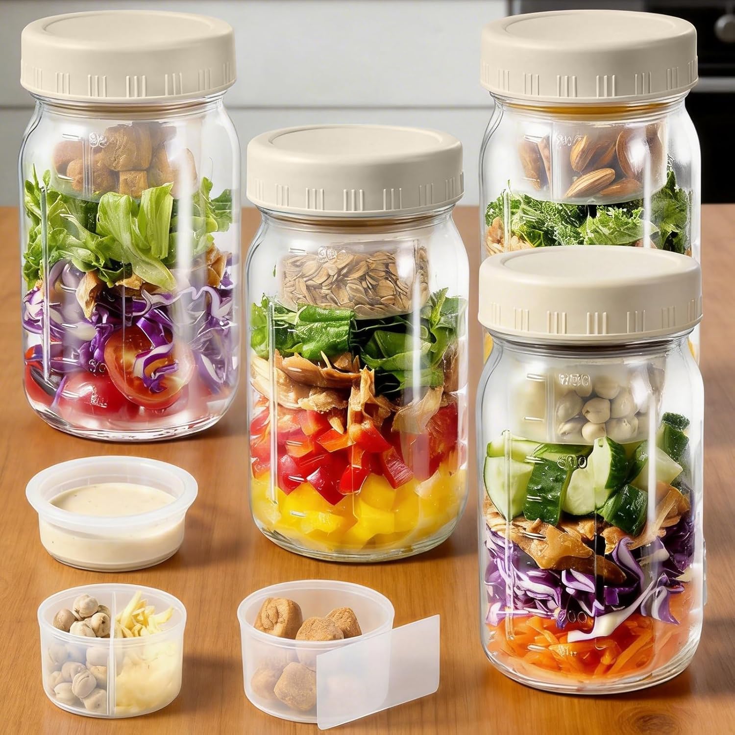 4 Pack Glass Salad Pod Mason Jar with Dressing Cup & Spork, 32 oz Salad Container to Go with Lids Meal Food Prep for Lunch, Large Travel Mason Jar Bowl with 2 Insert Dressing & Topping Holder