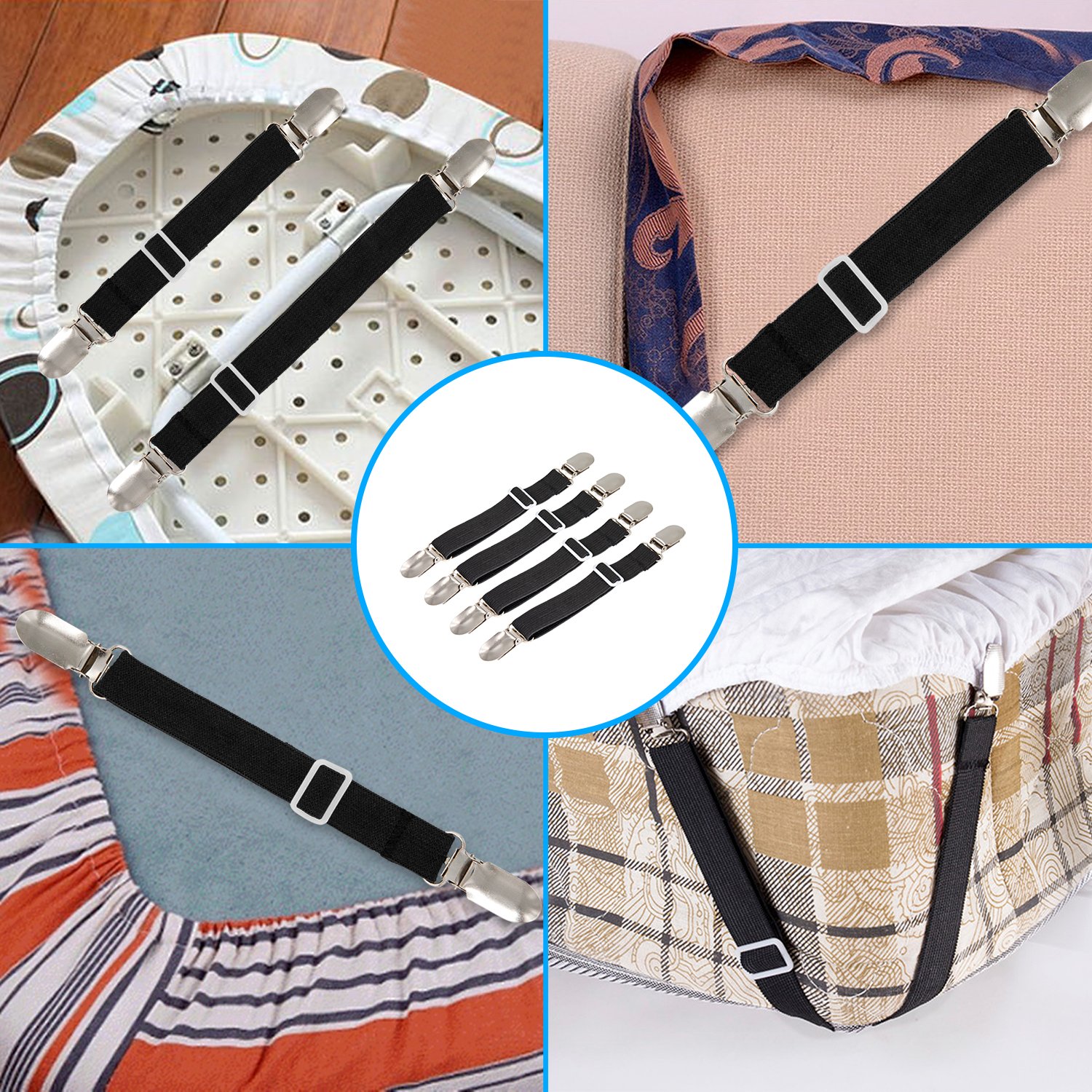 YRLife Lot De 8 Sangles De Support De Drap De Lit Avec Clips De Fixation, élastiques Triangulaires Réglables Pour Matelas (8 Pièces, Noir