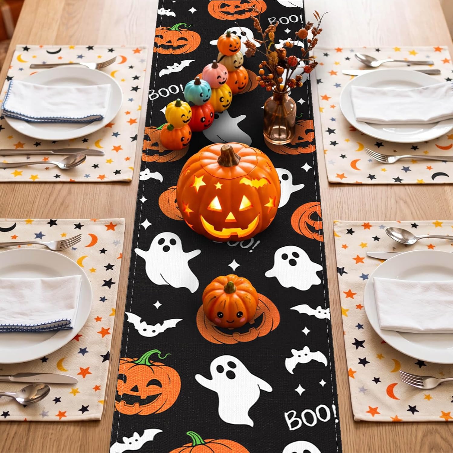 Halloween Table Runner Ghost Pumpkin Bat Table Decoration 13x72 Inch