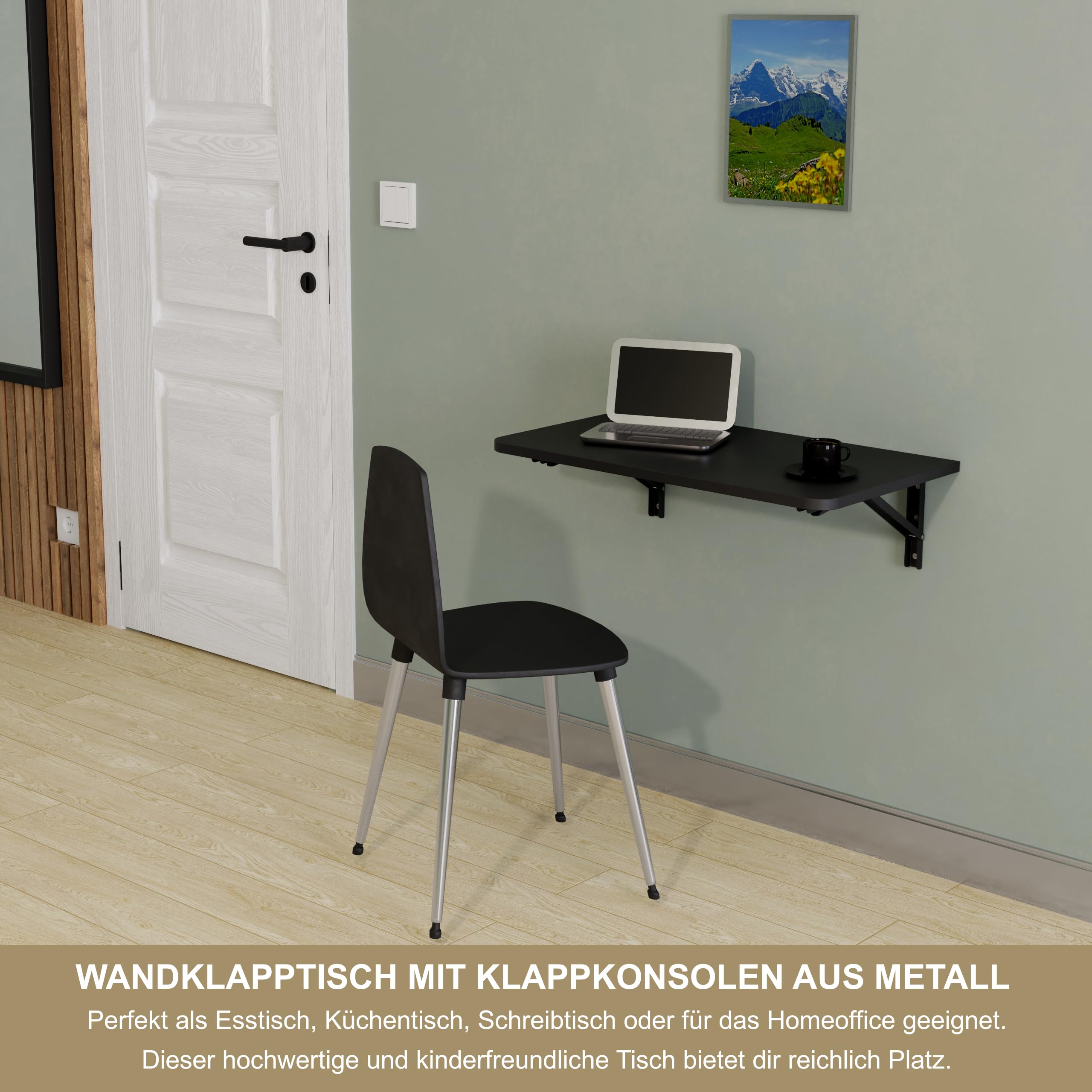 KDR Wandklapptisch 70x40 cm Schwarz mit abgerundeten Ecken – Klappbarer Tisch zur Wandmontage – als Esstisch, Schreibtisch, Küchentisch oder Arbeitsplatz – Platzsparend & vielseitig einsetzbar