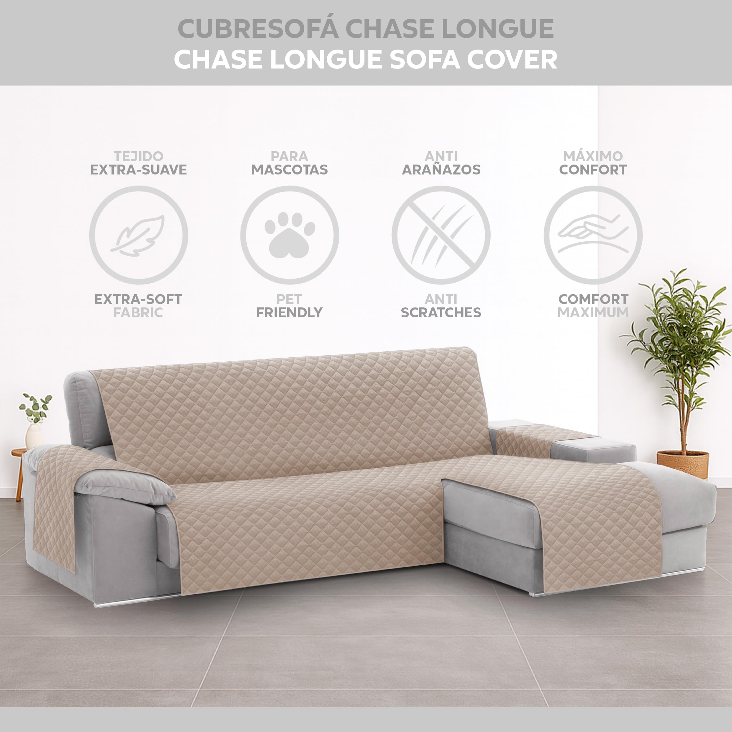 Textilhome Copridivano Chaise Longue con Penisola Malu 240cm – Salvadivano Trapuntato Universale con Bracciolo Destro, Protezione per Animali Domestici, Colore Beige (Visto da Davanti)