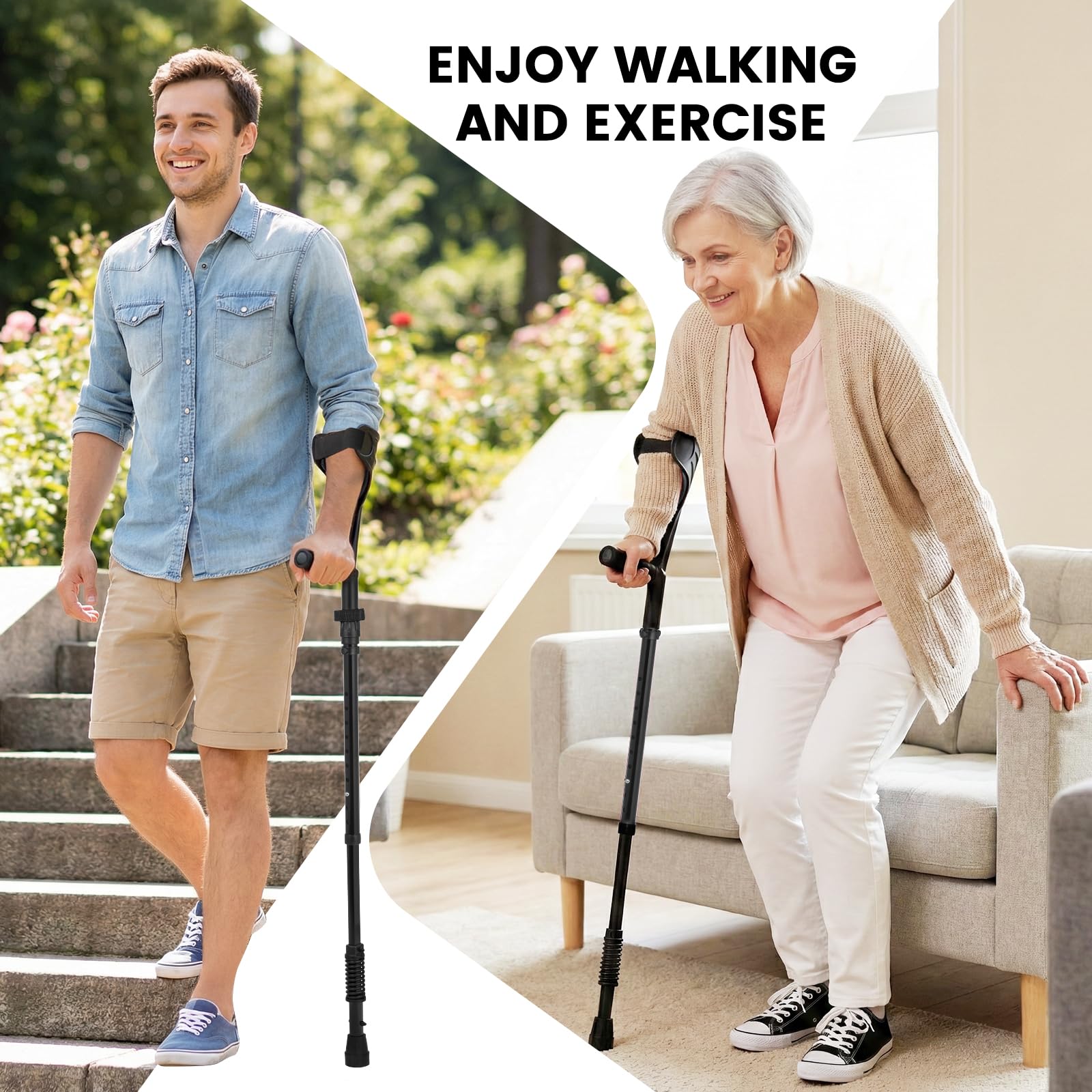 Muletas ergonómicas para antebrazo, muletas de asistencia de resorte para adultos, cómodas y ajustables en altura, antebrazo con base antideslizante, muletas para caminar con puños, no un par