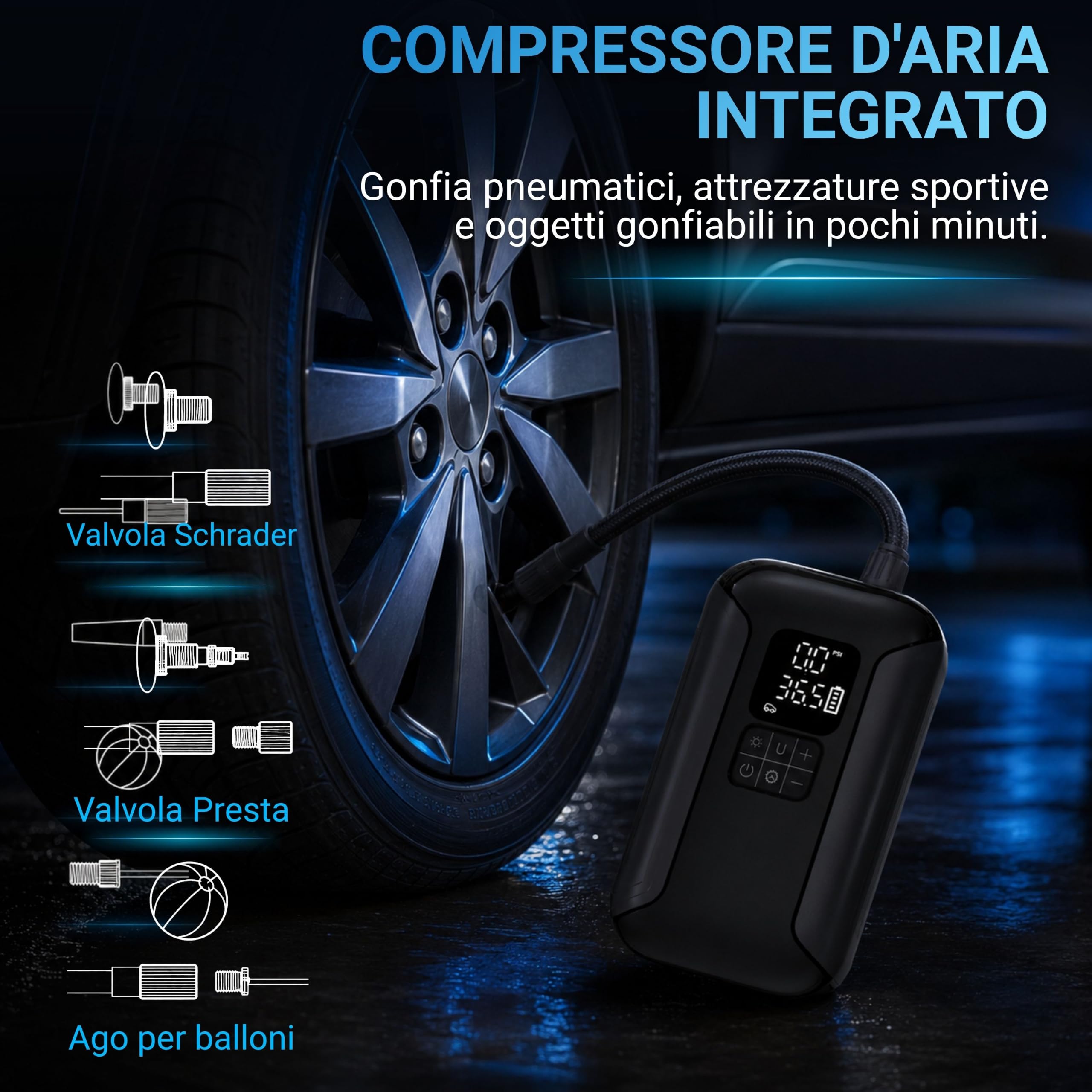 AutoSky Avviatore di emergenza portatile 2 in 1 con gonfiatore per pneumatici: il kit di emergenza perfetto da avere nel tuo veicolo.