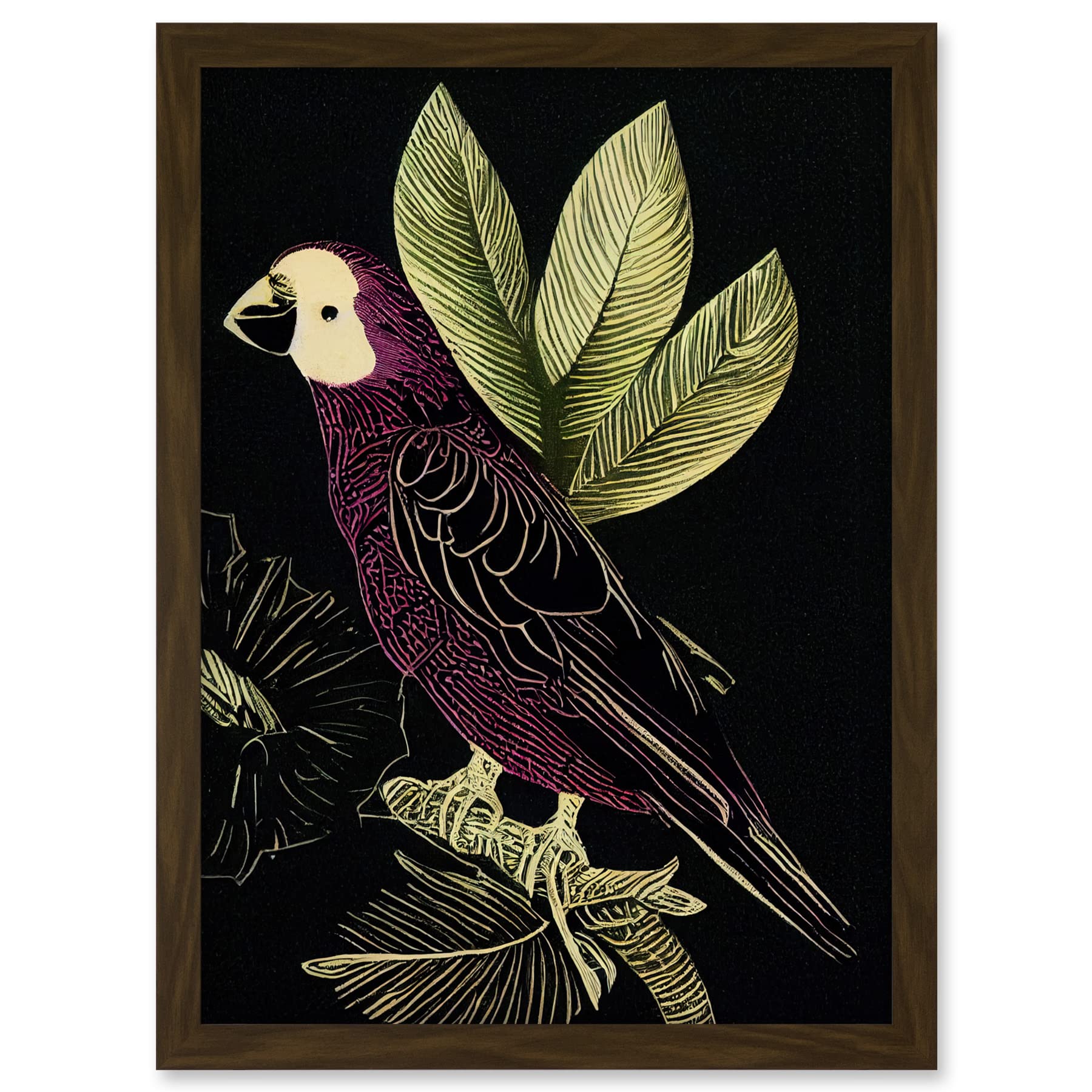 Wee Blue Coo Burgundy Parrot Leaves Tree Branch on Black Vintage Linocut Illustration Artwork Framed A3 Wall Art Print