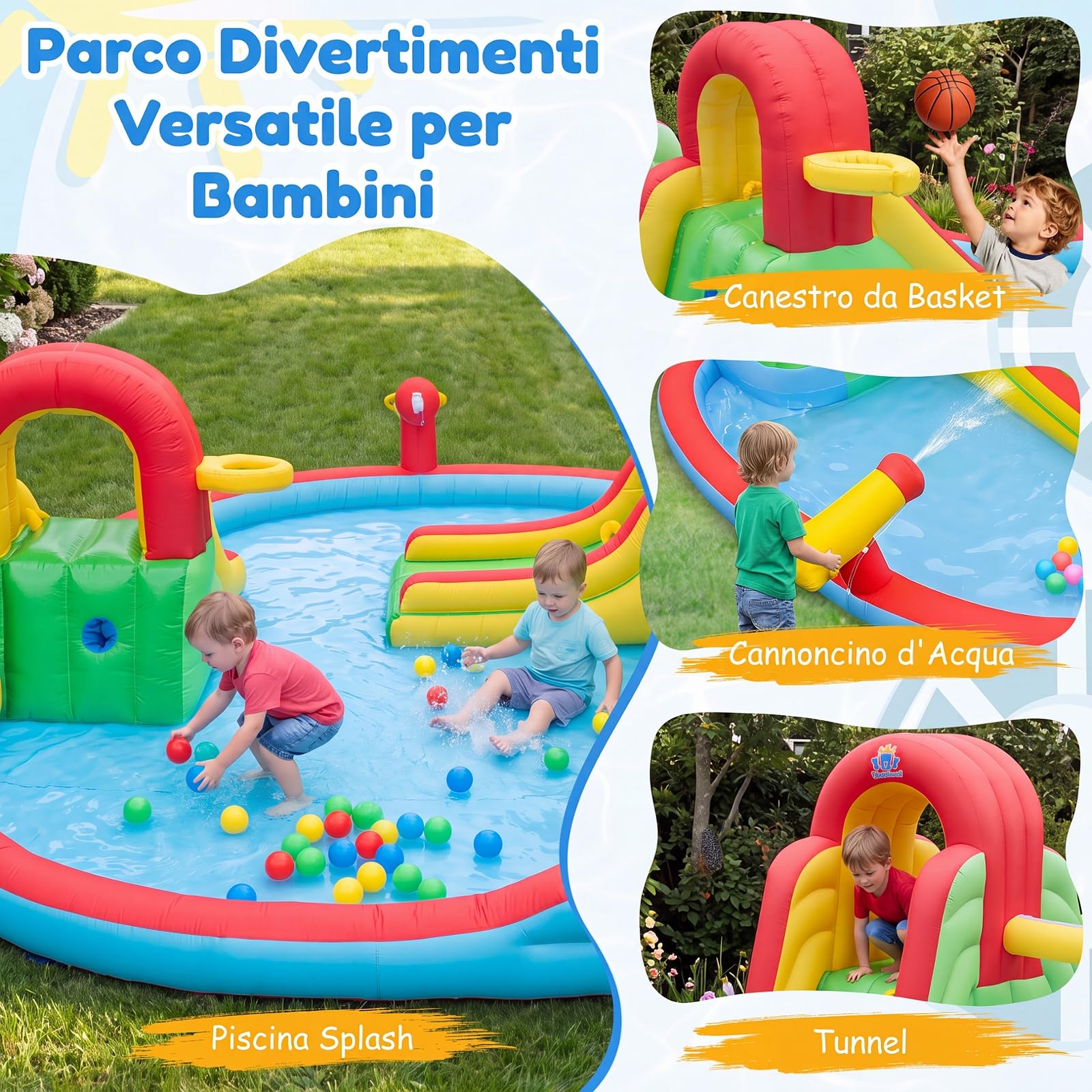 COSTWAY Castello Gonfiabile per Bambini 3-12 Anni, Grande Parco Acquatico di Giochi con Doppio Scivolo, Piscina, Parete da Arrampicata e Canestro da Basket, per Interno e Esterno
