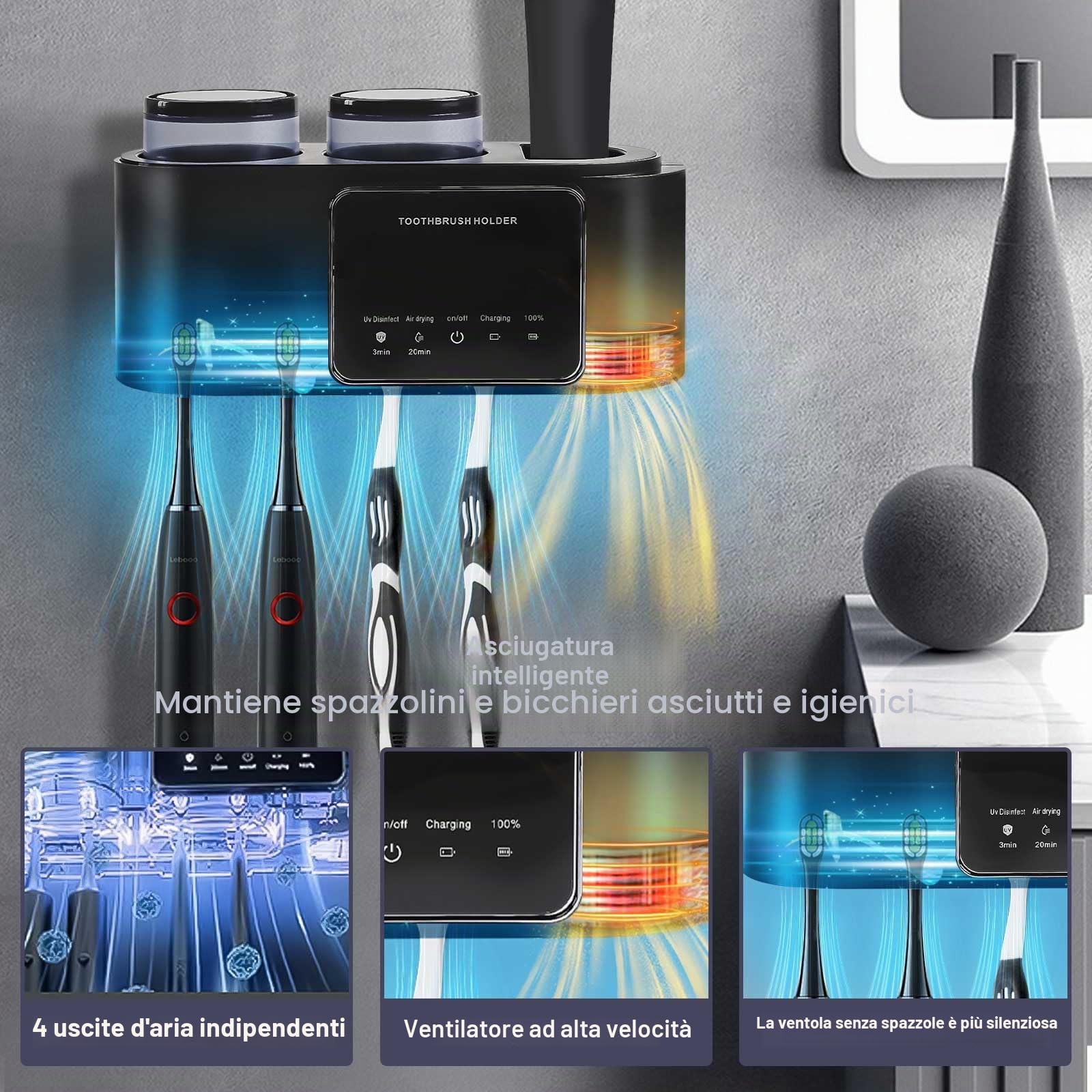 mumisuto Sterilizzatore Portaspazzolino Uv, Porta Spazzolino Uv Sterilizzatore, Porta Spazzolino Da Denti Elettrico Da Parete Per Bagno Con 4 Slot E 2 Tazze Per Bambini E Famiglie