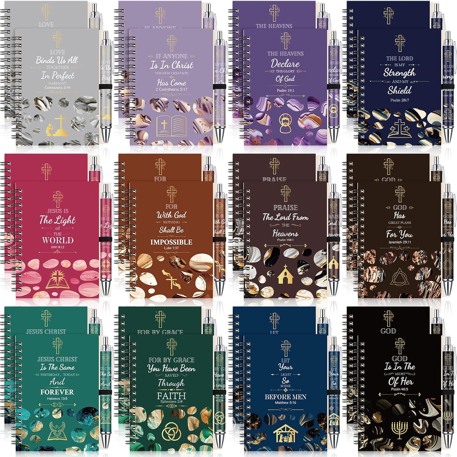 Feifeiya 48 Pcs Christian Gifts Set Include 24 Bible Verse Spiral Notebooks and 24 Religious Pens Inspirational Prayer Journal God Scripture Notepads for Women Men Xmas School Office(Cross)