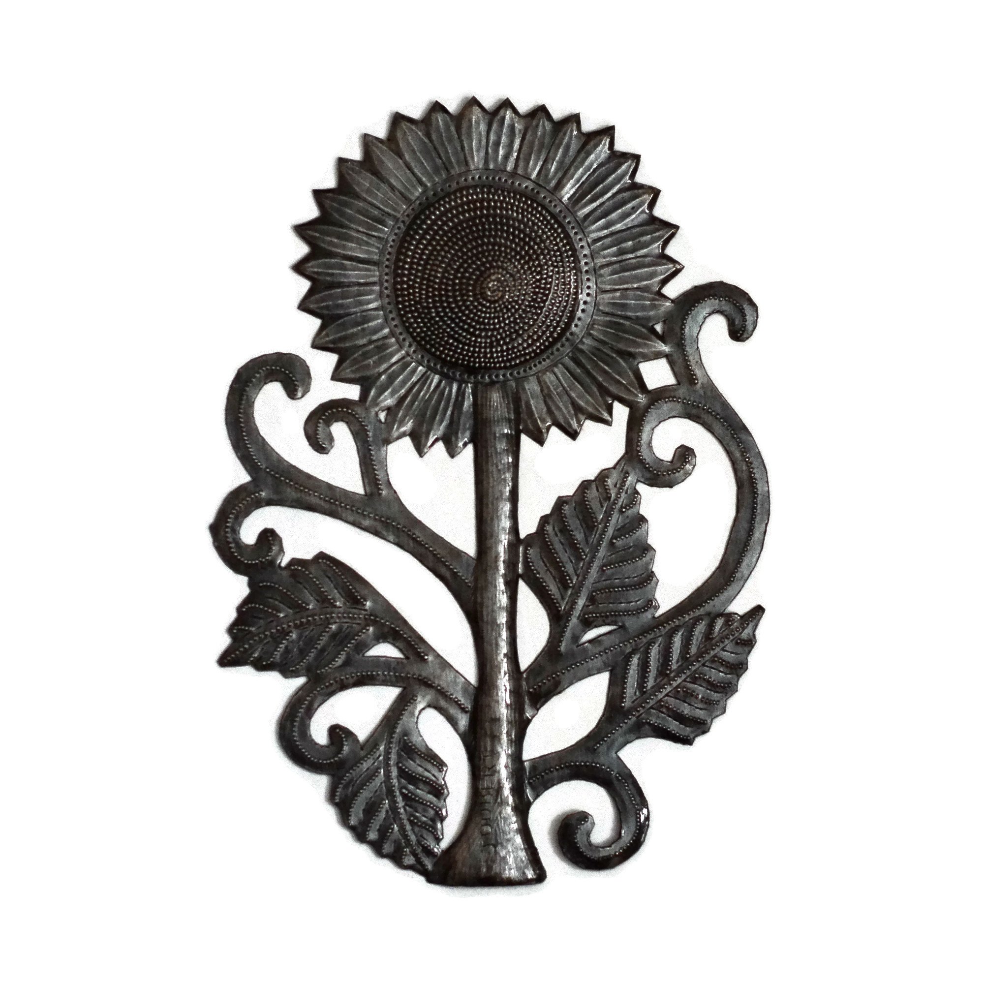 Tournesol en métal recyclé d'Haïti : sculpture murale d'artisanat d'art unique