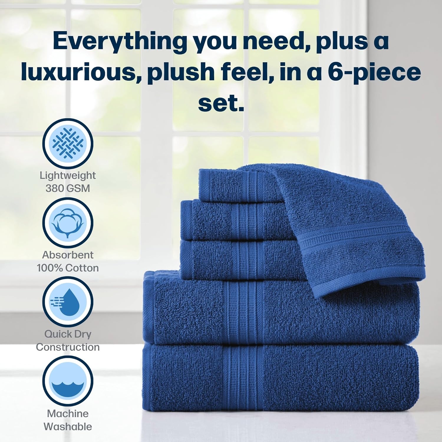 6-Piece Set of Towels, Lightweight 380 GSM Cotton Towels, Quick Drying, Absorbent Hand Towels, Bath Towels, & Washcloths, Navy