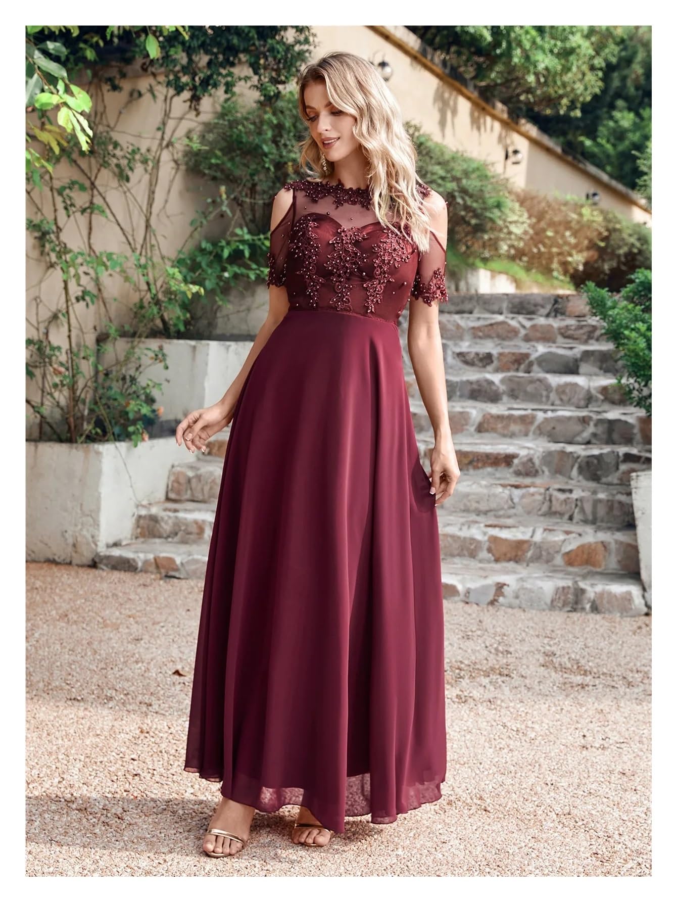 Vestido Dama de Honor Vestido de Dama Honor con Cuentas Perlas, ilusión Manga Corta, Bohemio, for Fiesta Boda, Vestidos Invitados Gasa, Corte A for Mujer para la Boda