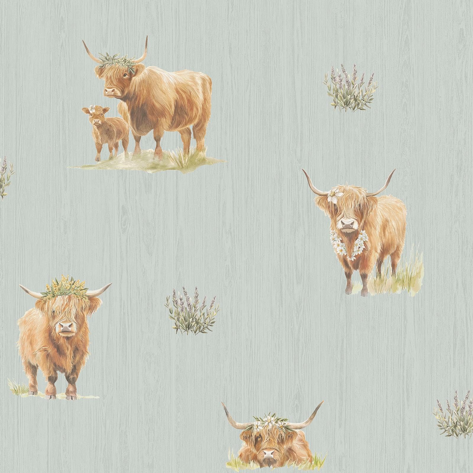 Holden Highland Cow Wallpaper, Blue (14381)