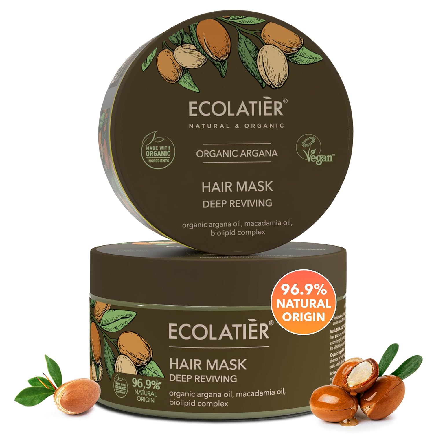 Organic Argana Oil Deep Reviving Vegan Hair Mask for damaged hair- ECOLATIER, 250ml - 96.9% Natural, Restores Shine, Argan & Macadamia Oils - 8.5 Fl Oz