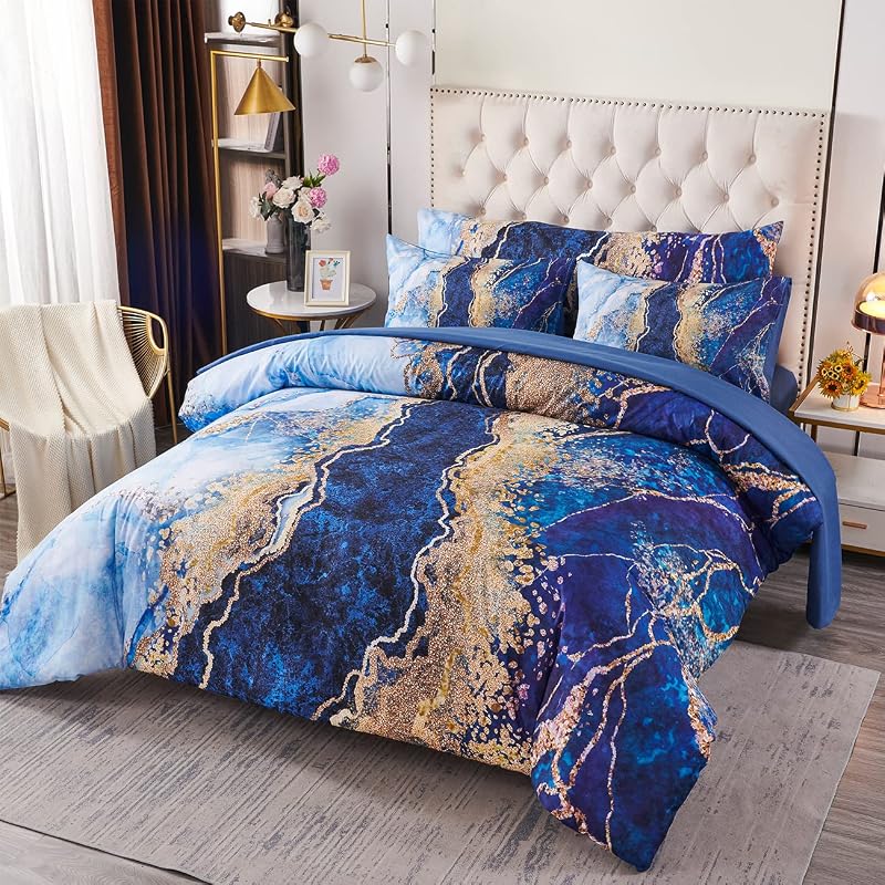 6-Piece California King Blue Comforter Set Watercolor Marble Printed Bed in A Bag Coloful Artwork Design Bed Set with Comforter and Sheets(Blue, Cal King)