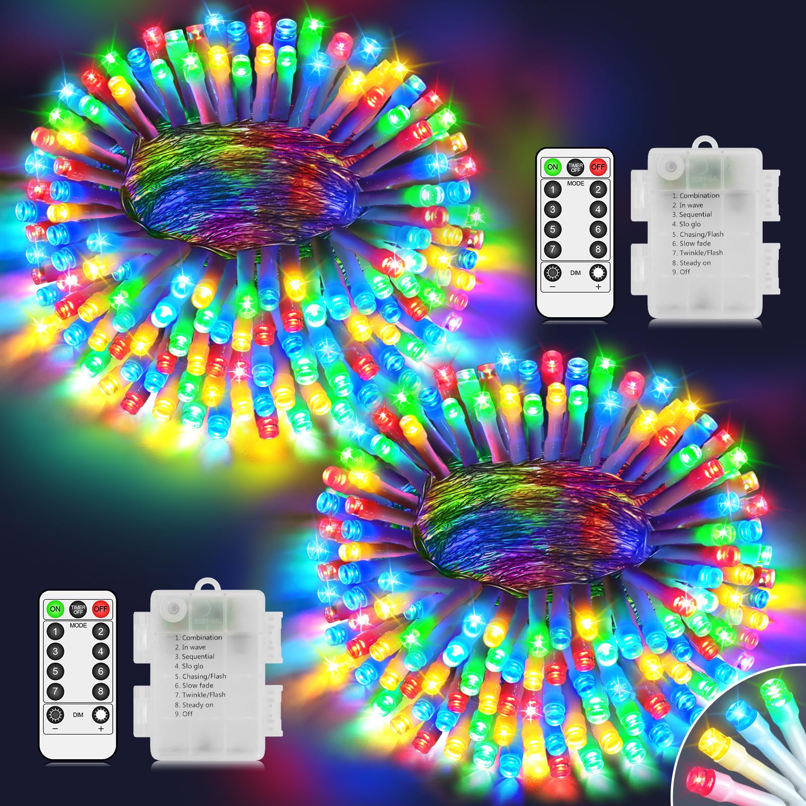 LYNNON Lichterkette Innen Batterie 2×100 LED Fairy Lights Wasserdicht Lichterkette Batterie mit Fernbedienung für Outdoor Party Hochzeit Camping Balkon Zimmer Außen Weihnachtsbaum deko Bunt