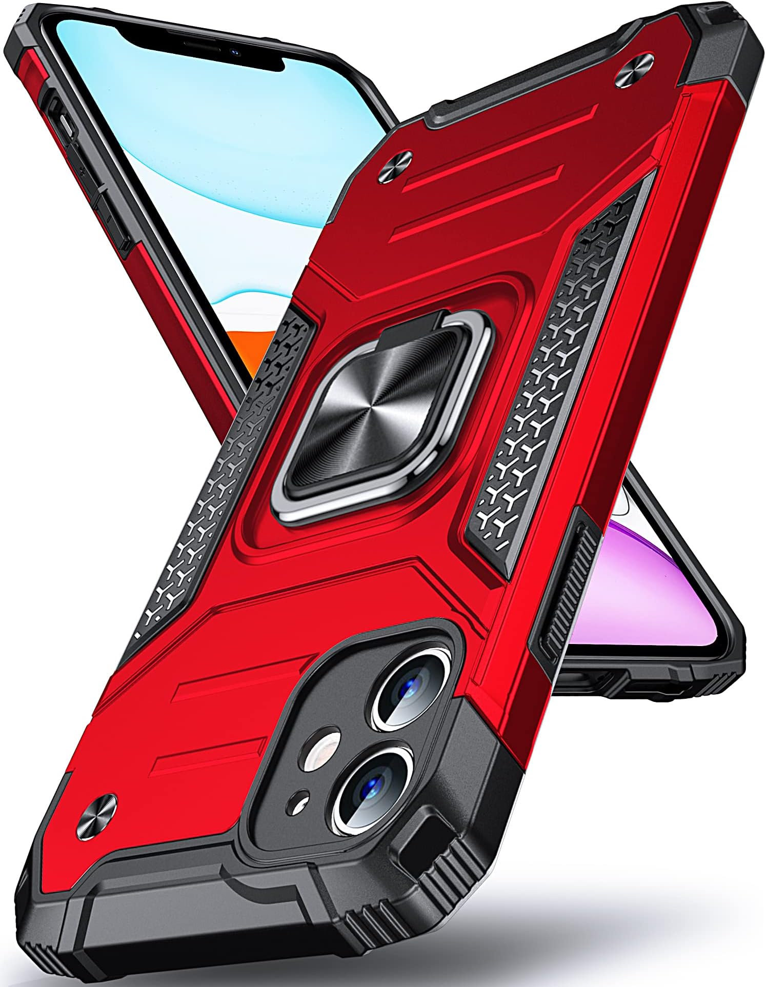 – Designed for iPhone 11 Case, Military Grade Shockproof Protective Phone Case Cover with Enhanced Metal Ring Kickstand [Support Magnet Mount] for iPhone 11 6.1 inch, Red