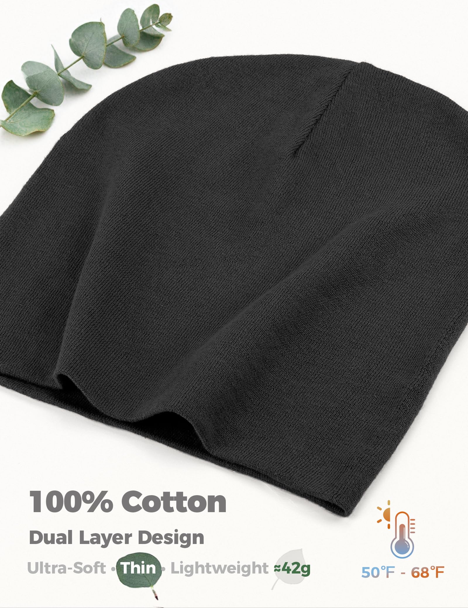 Simapu 100% Cotton Thin Beanie Hat for Men Women - Lightweight Breathable Rib Knit Slouchy Beanie Cuffed Chemo Skull Cap - 3