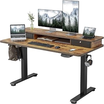 CubiCubi Electric Standing Desk with Double Drawers, 48x24 Inch Height Adjustable Sit Stand Desk with Storage Shelf, Home Office Computer Workstation, Rustic Brown