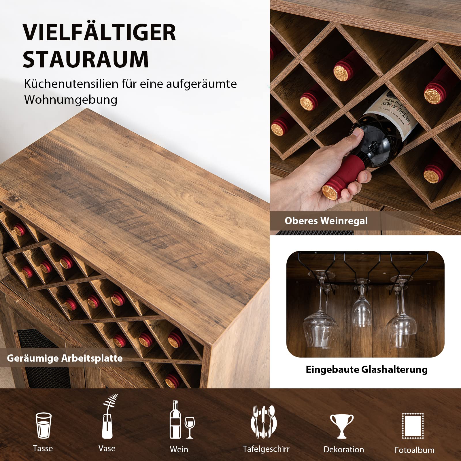 COSTWAY Küchenschrank, Weinschrank mit abnehmbarem Weinregal und integrierten Glashaltern, Buffetschrank Holz für 11 Weinflaschen & 9 Weingläser, Sideboard 59,5 x 33,5 x 93,5 cm, Vintage