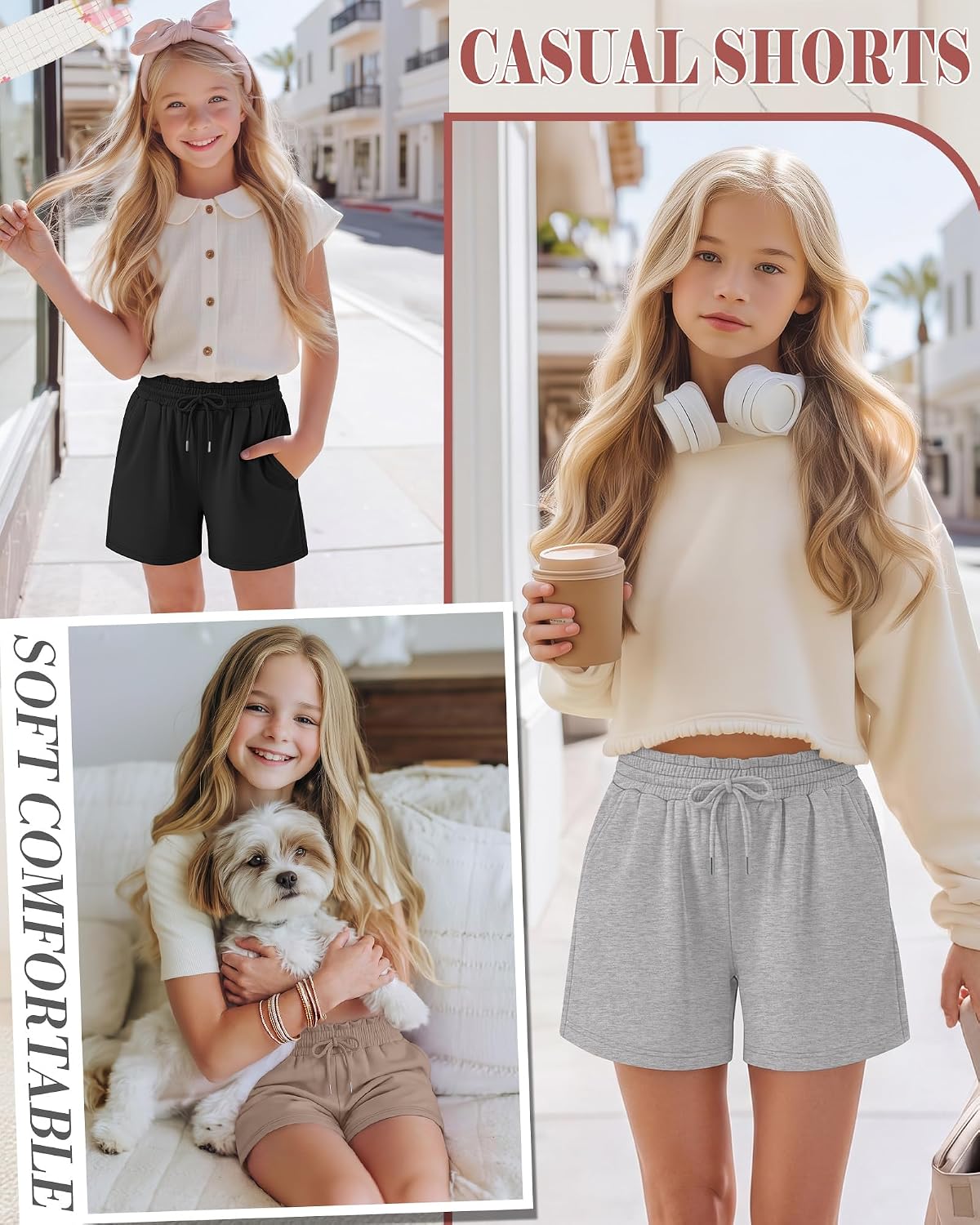 3 Pack Girls' Shorts Kids Summer Ruffled Drawstring Athletic Pants Teen Loose Sweat Shorts with Pockets 5-14 Years