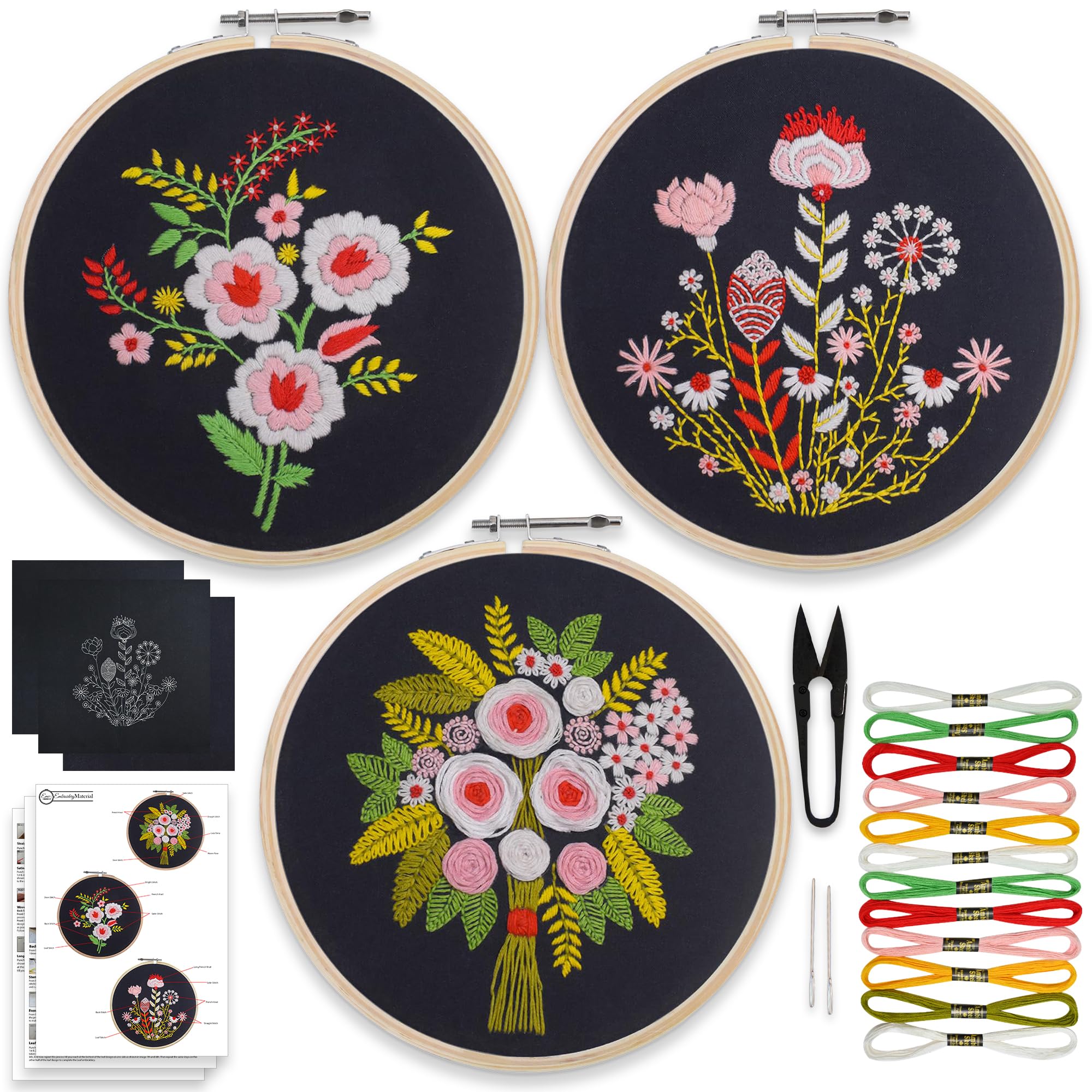 EmbroideryMaterial Combo of 3 DIY Floral Embroidery Kits for Beginners | Hand Embroidery Kit with Printed Fabric, Hoop, Needles, Threads & Instruction Sheet | Craft Kit for Adults & Kids (Black Fabric)